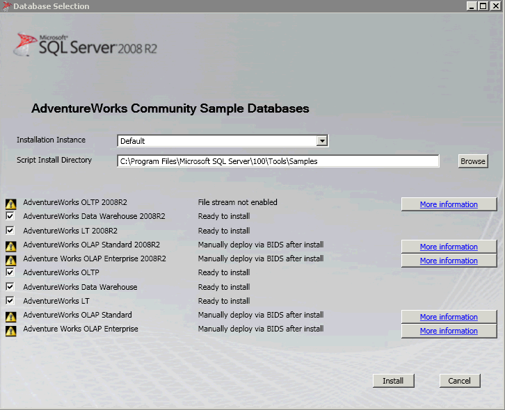SQL Server 2008示例数据库没有Instance下拉框选项问题解决方案